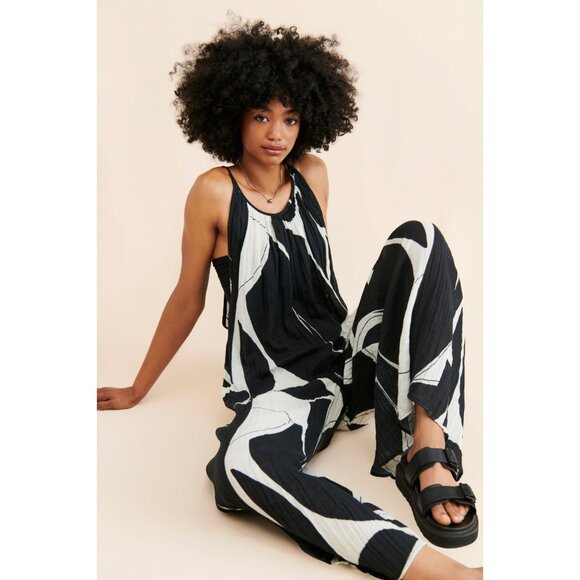 ANTHROPOLOGIE White Black Sheer Printed Cotton Gauze Wide Leg Jumpsuit, Size L - Picture 4 of 16